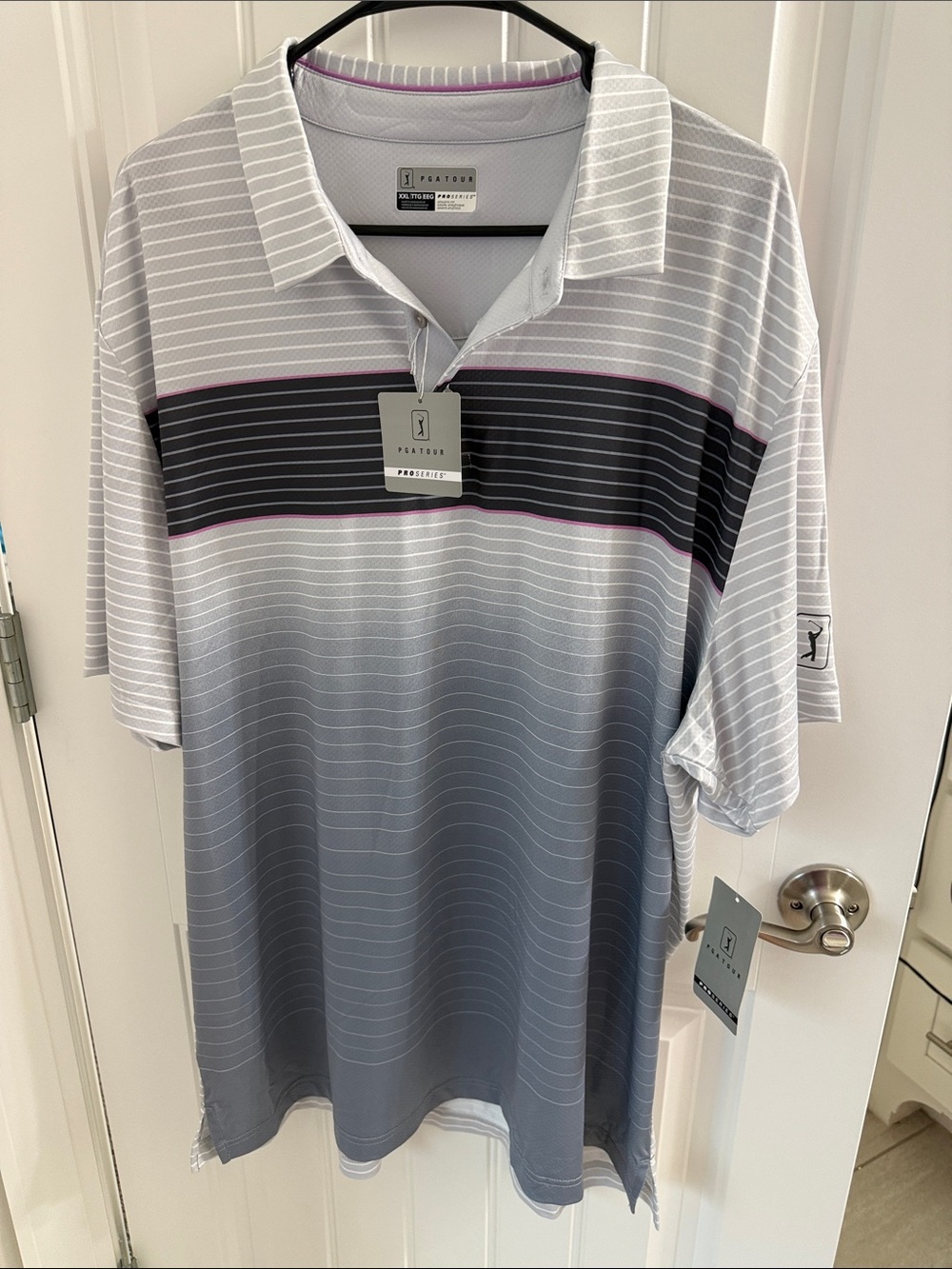 PGA TOUR Gray Gradient Polo with Black Chest Band and Pink Accents